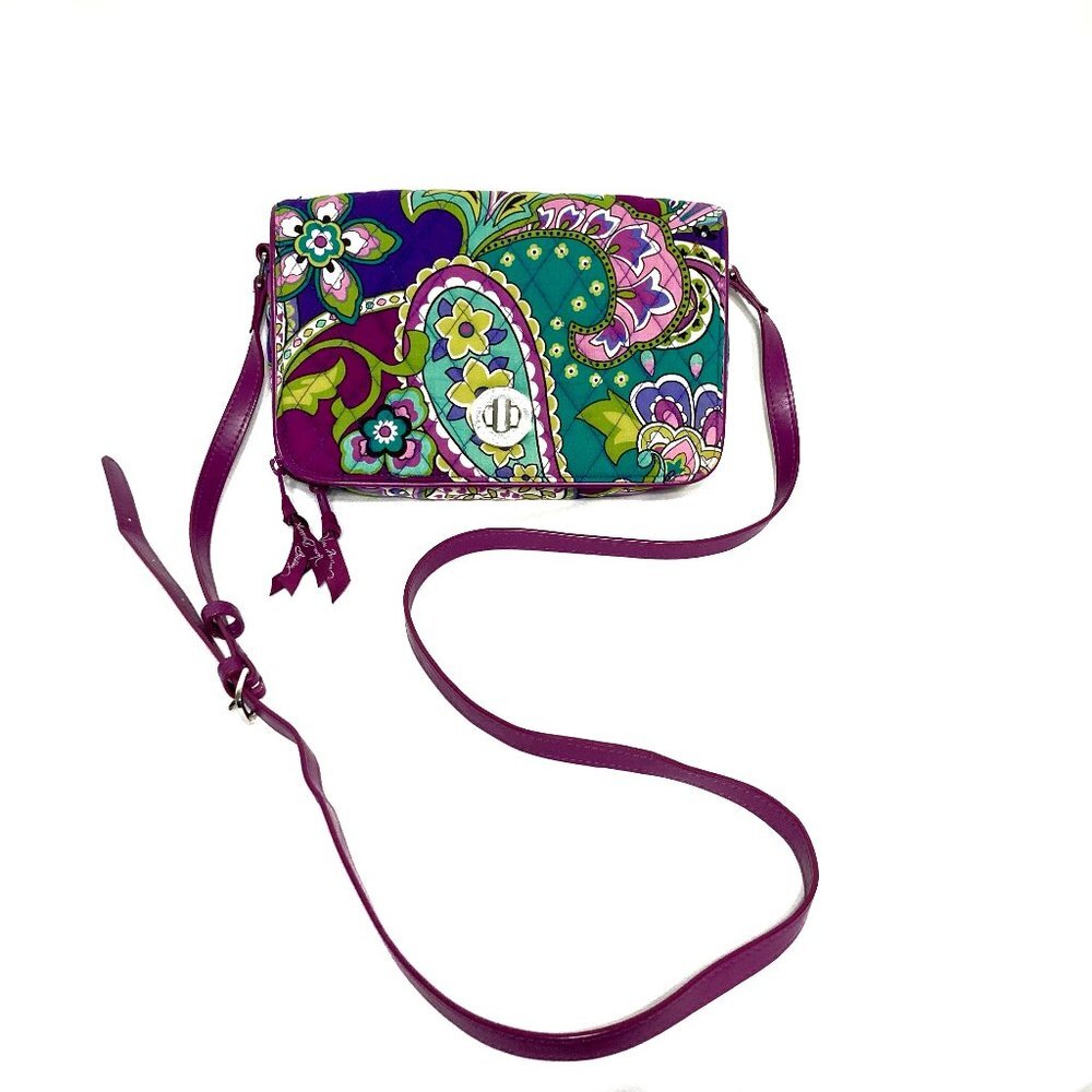 Vera Bradley cute cotton purple multicolor silver turn lock crossbody bag purse